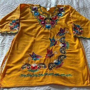 Amarte Vibrant Yellow Embroidered Mexican Tunic /Dress M Gently Loved